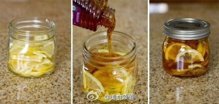 【DIY治喉咙痛糖浆】柠檬和生姜切片，装入玻璃瓶，再倒入蜂蜜，冰箱冷藏。需要时，舀出一茶匙，加入温开水，当茶来喝，可舒缓喉咙。