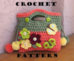 Girls Bag / Purse with Flowers Butterfly and Pom Pom, Crochet Pattern PDF,Easy, Great for Beginners,  Pattern No. 9