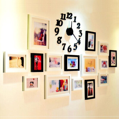 照片墙 相框墙 相框组合相片墙 实木照片墙 组合创意带挂钟 图片