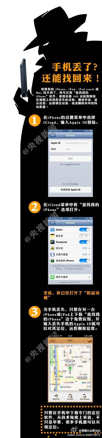 手机丢了，你是否担心里面的私人短信和照片被小偷利用？其实现在大多智能手机都具有“防盗功能”，手机丢了，你不仅可以远程删除手机的所有数据，甚至还能对其定位把它找回来！下面以iPhone手机为例，我们教你3步找回丢失的手机，一起来试试吧！