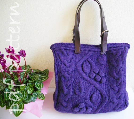 Purple bag with bobbles and cables-pdf pattern