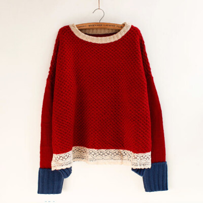 那抹红蕾丝花边森林系圆领蝙蝠袖毛衣撞色棒针毛衣