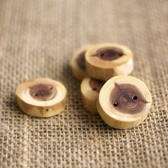 Wood Tree Branch Button, Cedar, Non Toxic Beeswax Finish, Set of 5