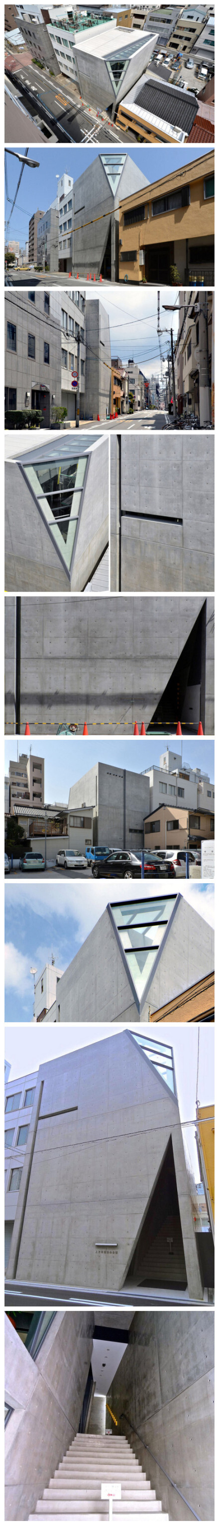 日本著名建筑师安藤忠雄完成了位于大阪的上方落语协会会馆，这是一个完全免费的设计项目。纯净的立方体混凝土建筑顶部斜切了一个三角形天窗，为室内引入了自然光线，建筑师还用同样的元素在首层设计了一个简洁的三角形入口。这个方案借鉴安藤早起作品calve gallery。