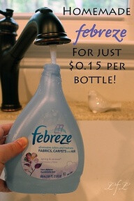 Homemade Febreze: What you'll need: 1/8 Cup of fabric softener (I used Downy April Fresh) 2 tablespoons Baking Soda Hot tap water Spray bottle (I used my empty 27 oz. Febreze bottle) combine all in bo…