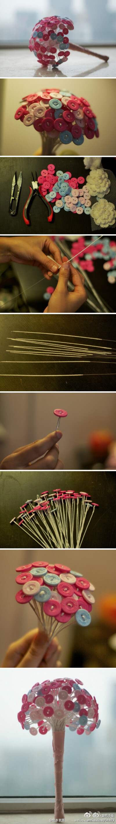 用漂亮缤纷的糖果色钮扣手工DIY一束可爱的手捧花，为自己的家。。。