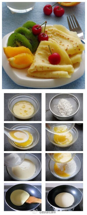【橙香鸡蛋软饼】1将面粉过筛，以免面粉结块2将鸡蛋磕入碗中，搅打均匀3将黄油切小块，微波炉加热至融化，倒入蛋液中.4加橙汁，搅匀5溶液倒入面粉中，沿着一个方向搅拌均匀6分次加入牛奶，一边加一边搅拌，直到牛奶与面粉溶合7平底锅刷一层油，舀入一勺面糊，小火加热到边缘开始微微翘起时。
