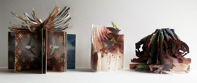 Under Cover, The Ascent, Surround - Set of 3 Miniature books - 2010 Handbound books, sculpted with collage and enamel paint