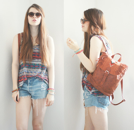 TOP, ZARA, in ZARA TOPS SHORTS, URBAN OUTFITTERS, in URBAN OUTFITTERS SHORTS BRACELET, DIY, in JEWELRY BRACELETS, H&M, in H&M JEWELRY BACKPACK, CHICWISH, CHICWISH.COM/AZTEC-STITCH-FRINGE-BACKPACK.HTML, in BAGS SUNNIES, ZEROUV, STORES.EBAY.COM/ZEROUV-SUNGLASSES, in EYEWEAR