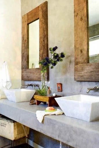 concrete counters / stone basins / reclaimed wood mirrors - love for a master bathroom