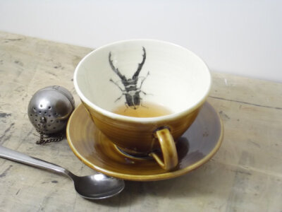 Porcelain Dark Amber Stag Beetle Tea Cup and Saucer