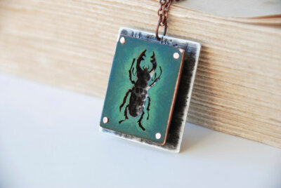 Bug Necklace Green Copper and Sterling Silver Beetle Nerd Gift Made To Order