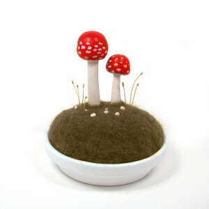 Pincushion Sculpted Red Amanita Mushrooms in Wool Moss Made To Order - Home Decor Nature Display