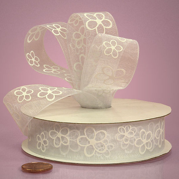 7/8" White Floral Sheer Ribbon