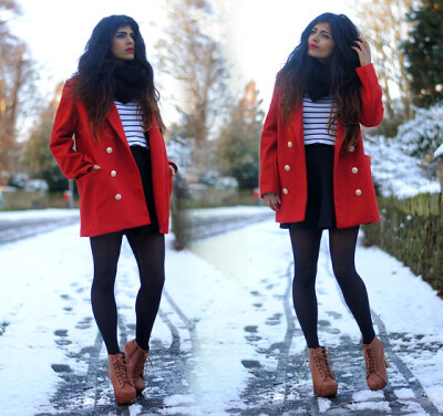 #潮流服饰小闺蜜#Glamorousuk Red Nautical Blazer, Jeffrey Campbell Litas, Ebay Stripe Breton Top, Ebay Black Knit Snood, Romwe Black Skater Skirt