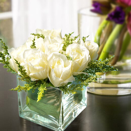 绢花仿真花假花干花客厅餐桌花瓶装饰花摆件玫瑰+方樽整体花艺