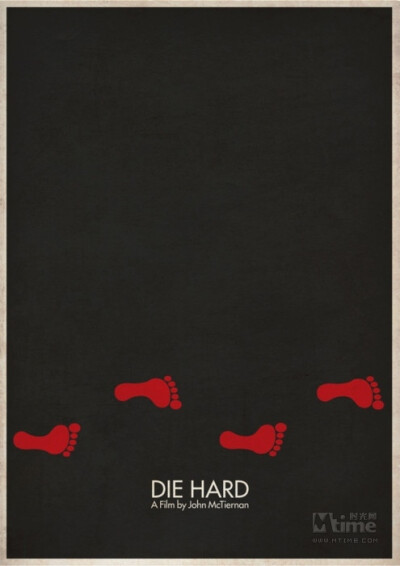 又一款《虎胆龙威》的海报，鲜血脚印象征男主角布鲁斯威利斯光着脚丫与坏蛋搏杀的场面。