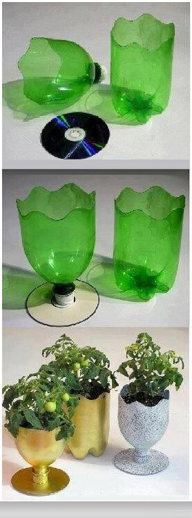 用饮料瓶和光碟做的花盆，真是太有创意啦~~