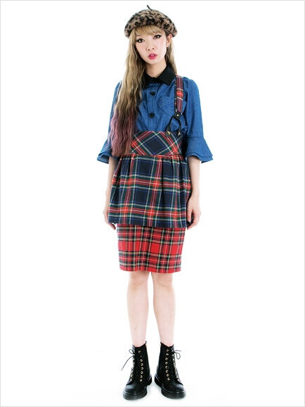 ＃Jouetie＃日本正品代購喇叭式接拼背帶裙 check peplum skirt