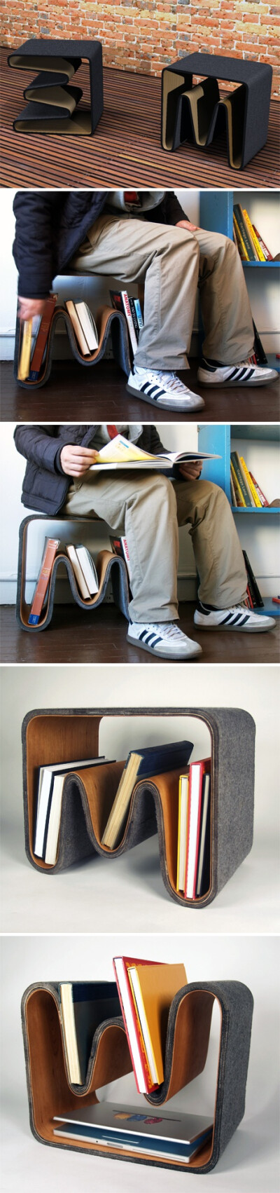 这一款家具设计既可以做为凳子，也是一个小书架，还可以做为小茶几和小桌子，一物多用，其外观也很时尚，有创意也有新意。
