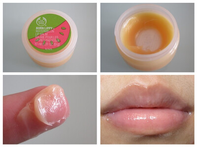 The Body Shop Born Lippy 西瓜味润唇膏。这个是绵羊油做的润唇膏。因为这个修护功能非常好，我通常都是化妆前放一层厚厚的这个，等到画到唇妆的时候擦掉就会带掉所有的死皮。已经是第4罐了，总之是便宜又好用的好东…