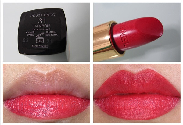 Chanel Rouge Coco - 31 Cambon. bright pinky red with very subtle shimmers.