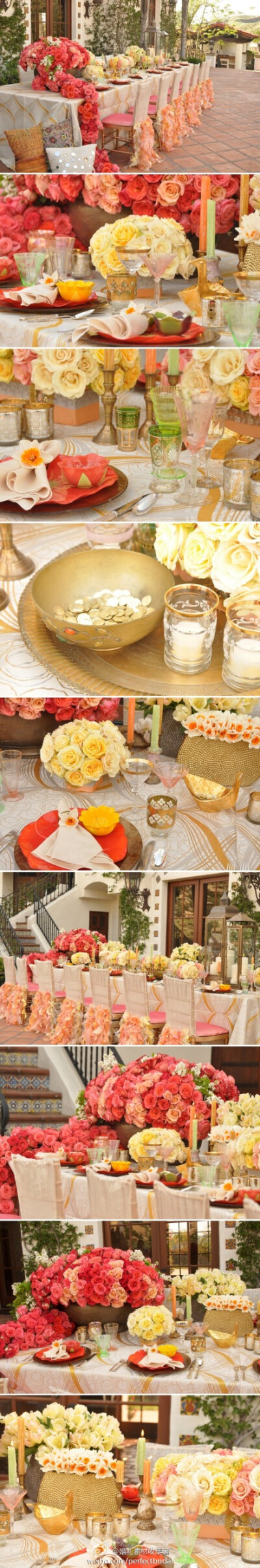 粉红色和浅黄色鲜花堆砌的婚礼餐桌