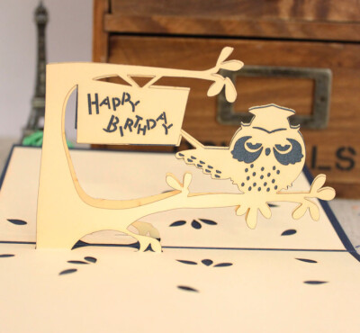猫头鹰手工立体创意节日定制diy纸雕祝贺生日贺卡卡片