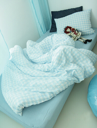 Asaroom韩国床品蓝色格子纹双面用纯棉四件套c