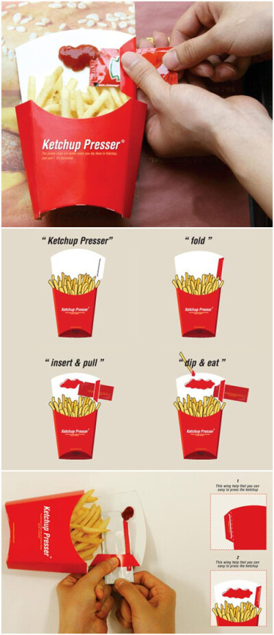 设计师 Myung Gyu Kim和Hwandong Lee等人设计了一款可以挤压番茄酱的薯条盒“Ketchup Presser”，利用Ketchup Presser，我们不仅可以把番茄酱包挤得干干净净的而且还不会弄脏我们的手。 “Ketchup Presser”是一个非…