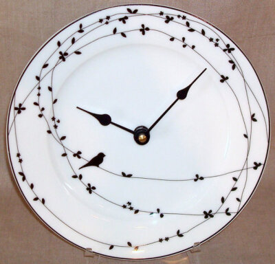 Wall Clock - Black and White Bird on a Vine Bone China Plate Wall Clock No. 998 (8-1/4 inches)