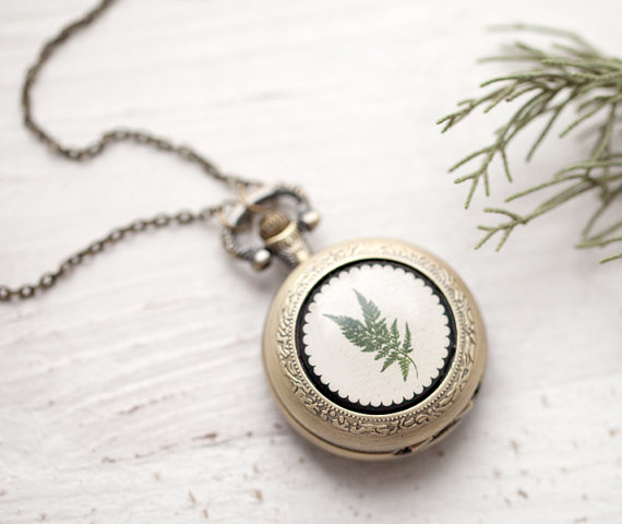 Holiday jewelry - Pocket watch necklace - Green, pine - Christmas (PW022)