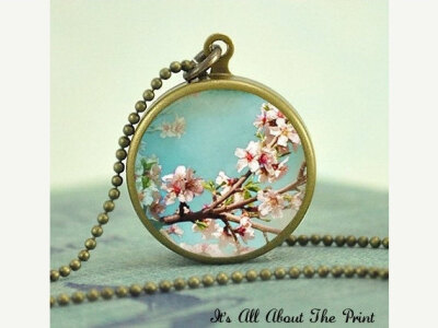 Penny Art Pendant -Pink Cherry Tree- Brass HOOP Jewelry