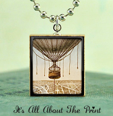 Scrabble Art Pendant - BALLOONING OVER PARIS - Scrabble Game Tile Jewelry