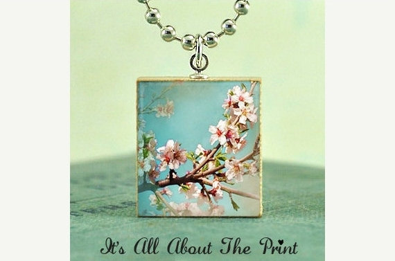 Scrabble Tile Art Pendant - Pink Cherry Tree Blossoms - Scrabble Jewelry Charm