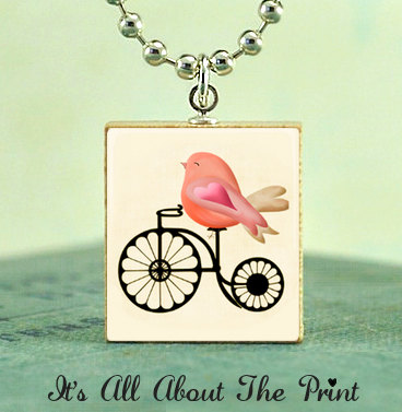 Scrabble Tile Art Pendant -Bicycle Bird- Scrabble Jewelry Charm