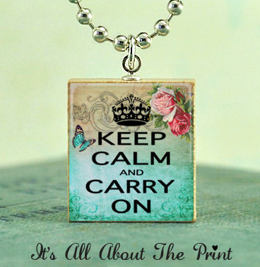 Scrabble Art Pendant - Keep Calm Carry On (Blue Rose)- Scrabble Game Tile Jewelry