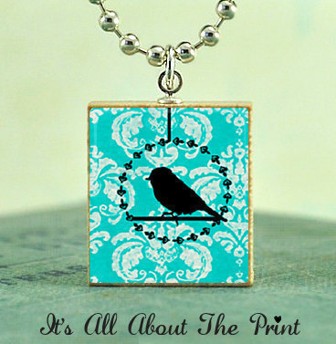 Scrabble Tile Art Pendant -DAMASK BLUE BIRD- Scrabble Jewelry Charm