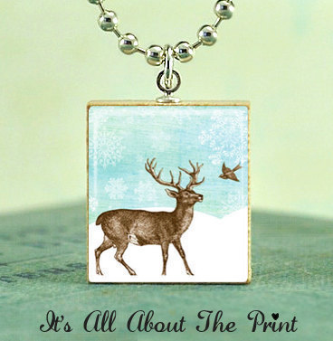 Scrabble Game Tile Jewelry -Nature Series- Winter Reindeer- Scrabble Pendant Charm