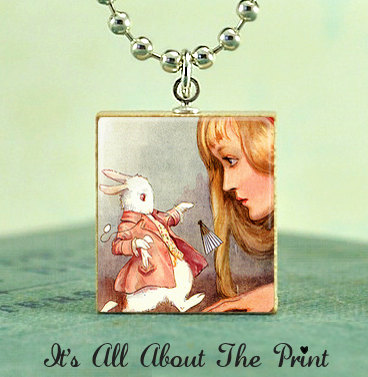 Scrabble Game Tile Jewelry - Alice And The White Rabbit - Scrabble Pendant Charm