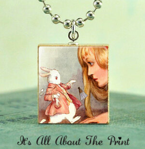 Scrabble Game Tile Jewelry - Alice And The White Rabbit - Scrabble Pendant Charm