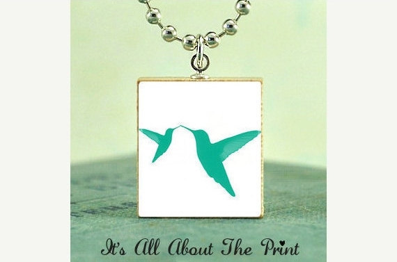 Scrabble Tile Art Pendant -Humming Bird Kiss Blue- Scrabble Jewelry Charm