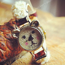 韩国 复古 手工定制 代购 羊羔毛 熊 黄铜牛皮 表带 石英手表
