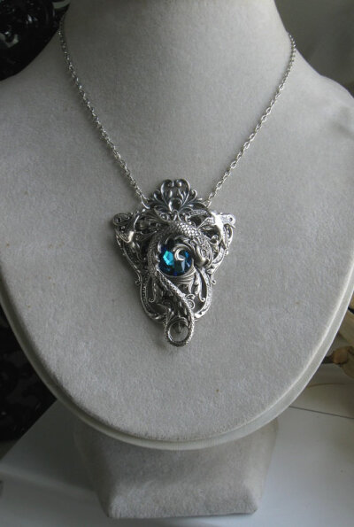 Celestial Maelstrom Aged Silver and Swarovski Necklace - Fantasy - Silver - Blue - Water - Wedding - Bridal - Dragon