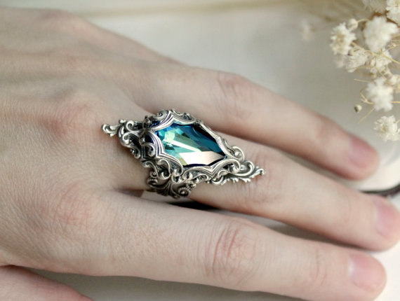 Lady of the Ocean Aged Silver and Swarovski Ring- Blue - Aqua - Silver - Victorian - Fantasy - Water - Summer - Bridal