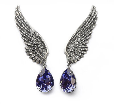 Tanzanite Crystal Earrings Silver Wing Earrings Clip On Wing Jewelry