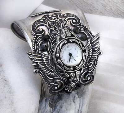 Antiqued Silver Watch black rhinestones gothic Jewelry mens watch womens watch