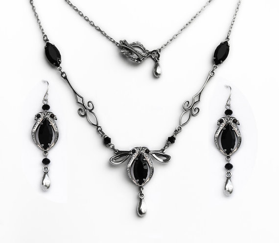 Black Victorian Necklace and Earrings Set Silver Swarovski Crystal Gothic Jewelry