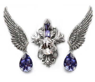 Swarovski Jewelry Set Silver Purple and Clear Crystal Wing Earrings Victorian Gothic Jewelry