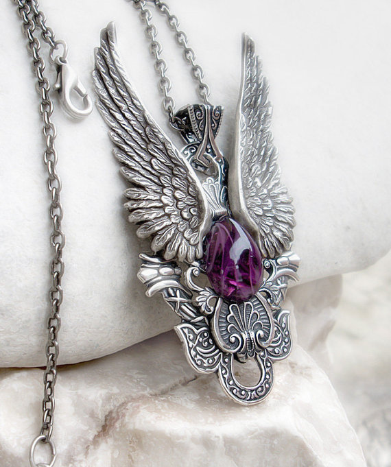 Gothic Angel Wings Necklace Purple Amethyst Gothic Jewelry